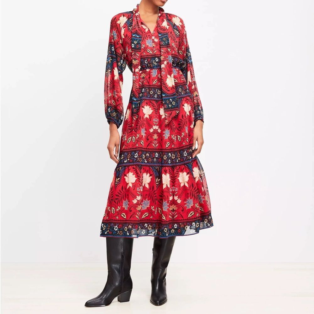 NWT LOFT Red Floral Bow Neck Tiered Midi Dress Western Boho Sheer Sleeve Size SP